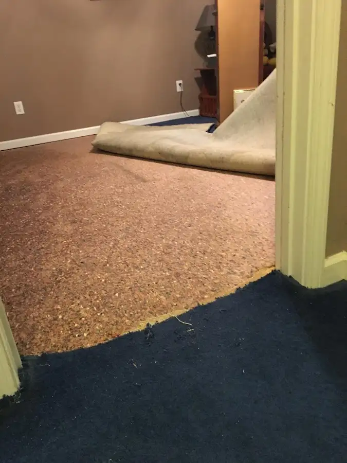 Carpet pad removal revealing water damage during Drying & Dehumidification in Corbin